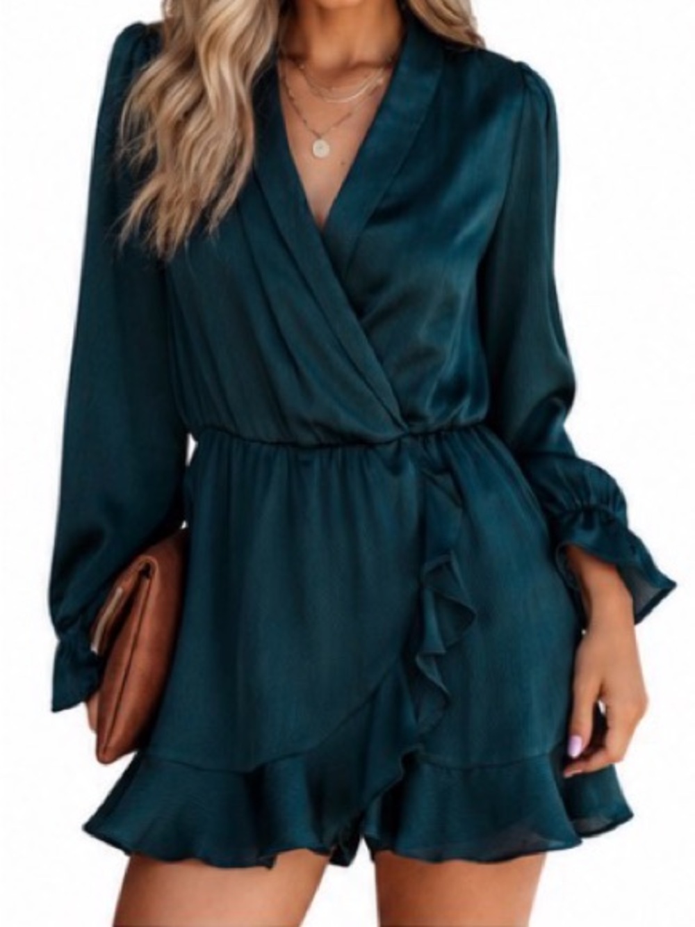 LE LIS Satin Faux-Wrap Romper – Deep Teal